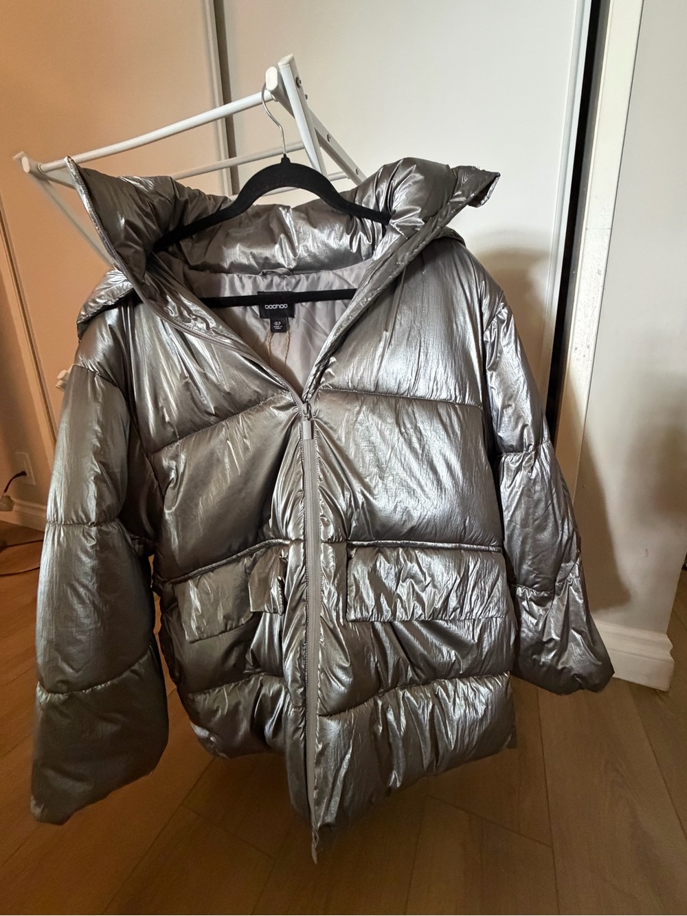 Boohoo Metallic Silver Quilted Puffer Jacket with Hood